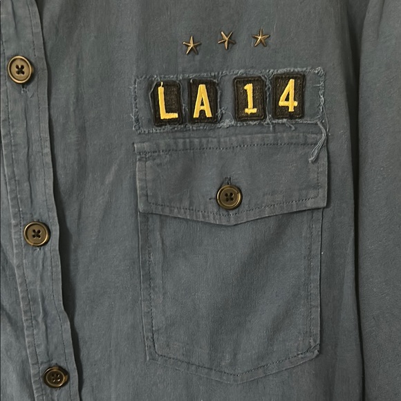 Rails Blue Button-Up Blouse with Patch Accents - Picture 2 of 11